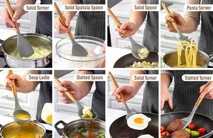 Zulay Kitchen Utensils Set Non-Stick Silicone Cooking Utensils Set with Authentic Acacia Wood Handles - 5 Piece Silicone Utensil Set - Kitchen Utensils Set with 464°F Heat Resistance - Gray