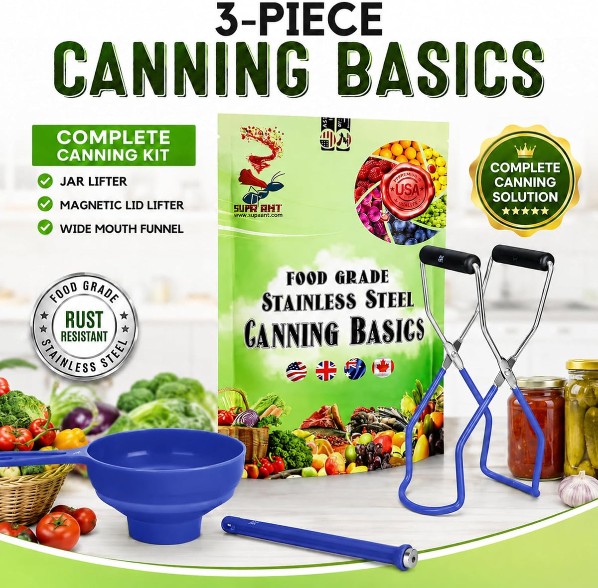 Supa Ant Canning Supplies Starter Kit (Food Grade) - Canning Kits Set for Beginners - 3 Pcs. Including Wide Mouth Jar Funnel, Magnetic Lid Lifter, Stainless Steel Jar Lifter (Assembled in USA) Green