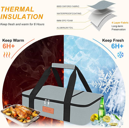 BBV Insulated Casserole Carrier for Hot or Cold Food, Food Warmer Bag Fits 9"x13" Baking Dish, Durable Nylon Leak Proof Food Containers for Travel, Potluck, Parties, Picnic, Cookouts (Beige)