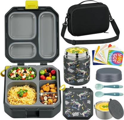 Itslife Bento Lunch Box Set for Kids with 12oz Soup Thermo&Lunch Bag, Leak-Proof Lunch Food Containers for Kids School, 5 Compartment, Sauce Cup, 10 Notes (Dinosaurs Black)