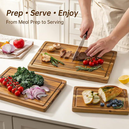 THETCHRY Teak Wood Cutting Board Set of 3 Wooden Cutting Boards for Kitchen | Premium Teak Wood • FSC Certified • Deep Juice Groove • Built-In Handles • Non-Slip Feet • 3 Practical Sizes • Gift-Ready Box