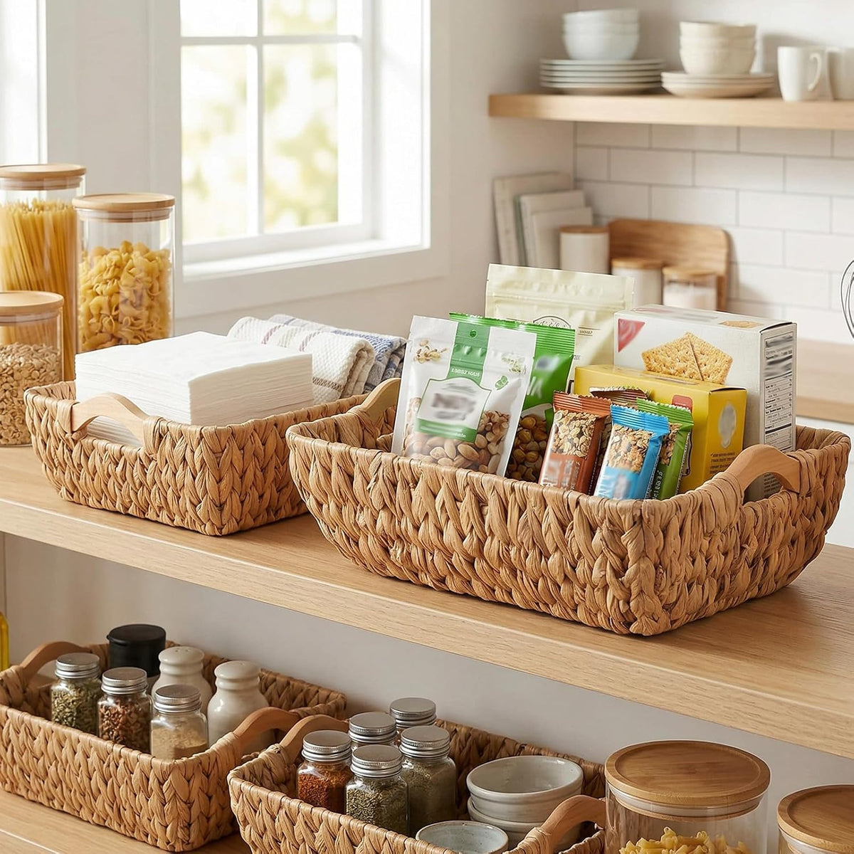 Storage Basket Set of 2 14.4x10.6x4.4 Inch Water Hyacinth Storage Baskets with Wooden Handles Woven Bins for Shelves Natural Handmade Rectangular Organizers for Pantry Bathroom Living Room