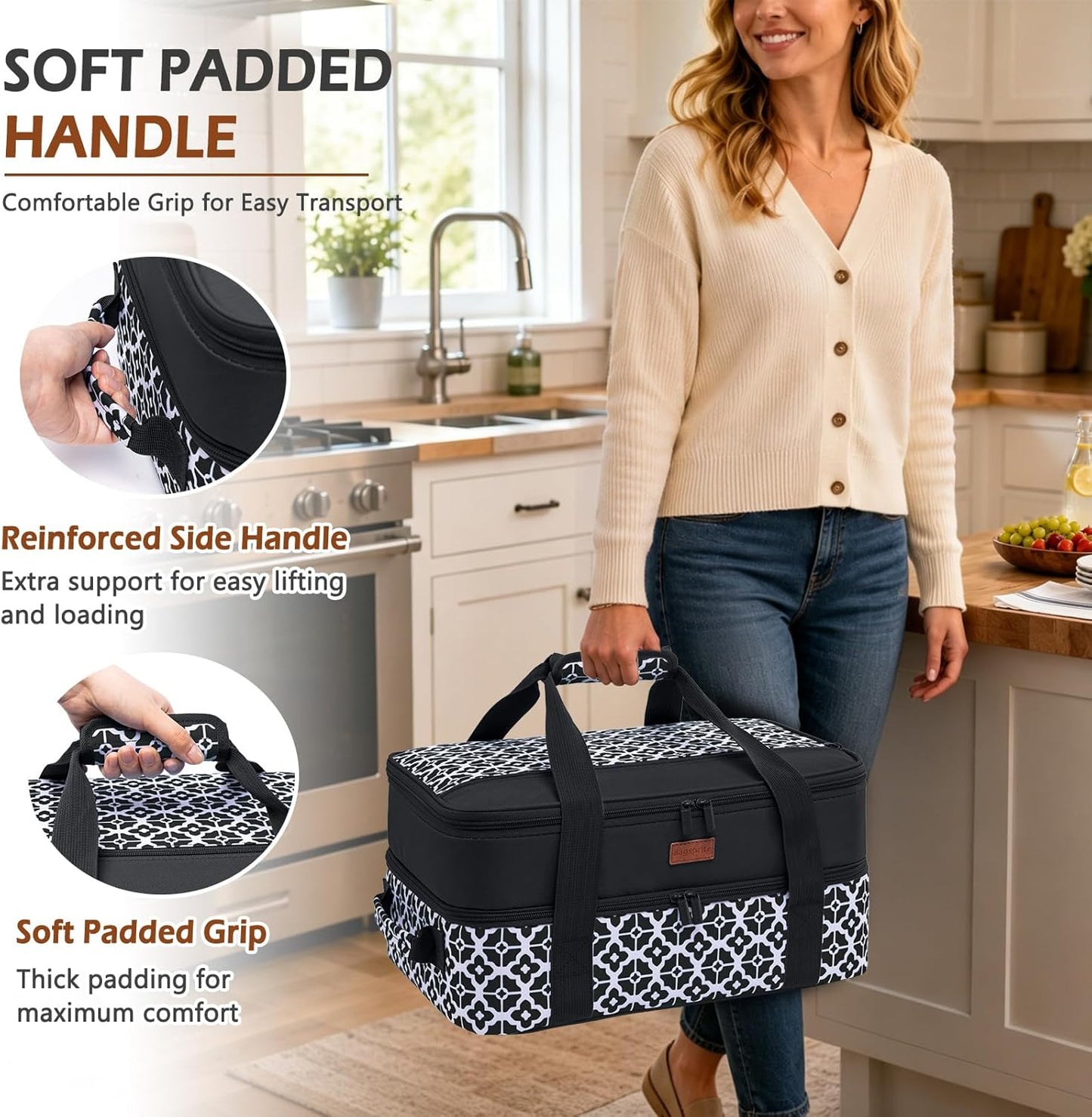 Double Layer Insulated Casserole Carrier, Fits 9" x 13" Baking Dish, Food Transport Carrier with Utensil Pocket for Hot & Cold Dishes, Reusable Potluck Tote for Thanksgiving, Parties&Family Gatherings