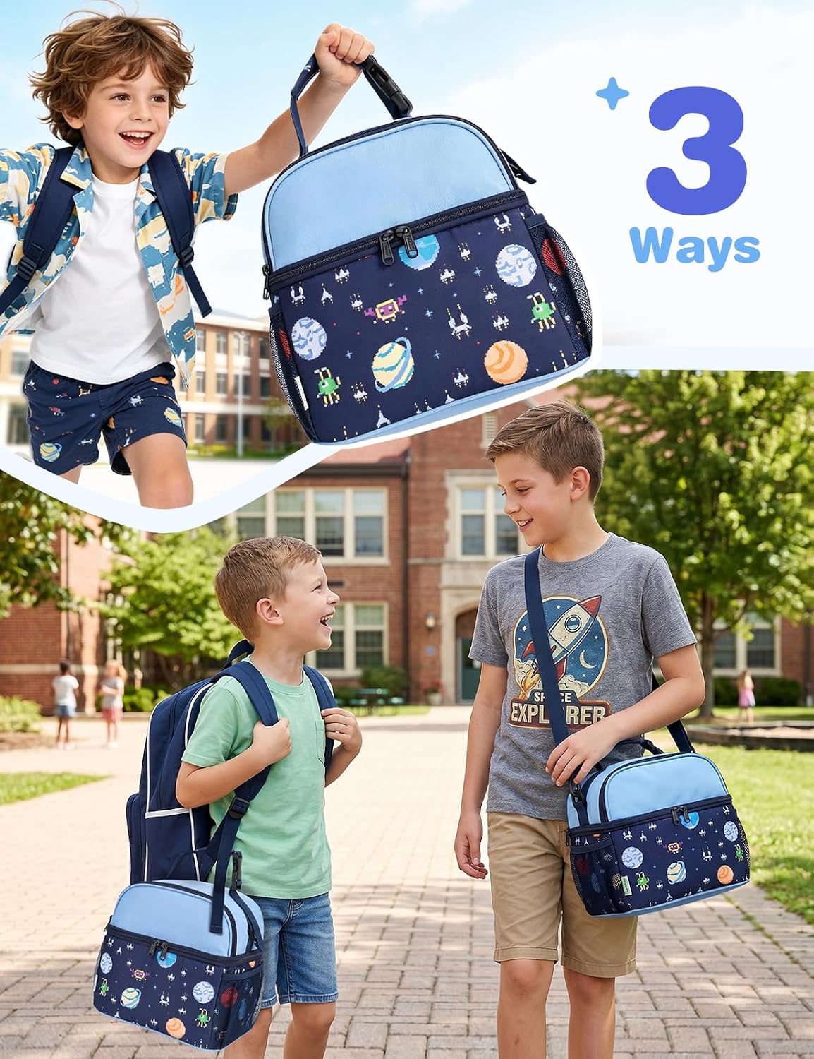 VASCHY Lunch Box Bag for Kids, Insulated Double Compartments Cooler Lunch Tote for Toddlers Boys Girls School/Daycare/Picnic Black Dinos