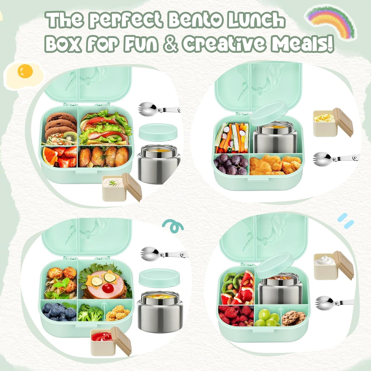 Aimsnk Magical Dinosaur Kids Lunch Box Set -12oz Insulated Food Jar, Leakproof Lunch Food Containers Cutlery, Leak-Proof Sauce Cup & Spoon, Gradient Green+Jar Green