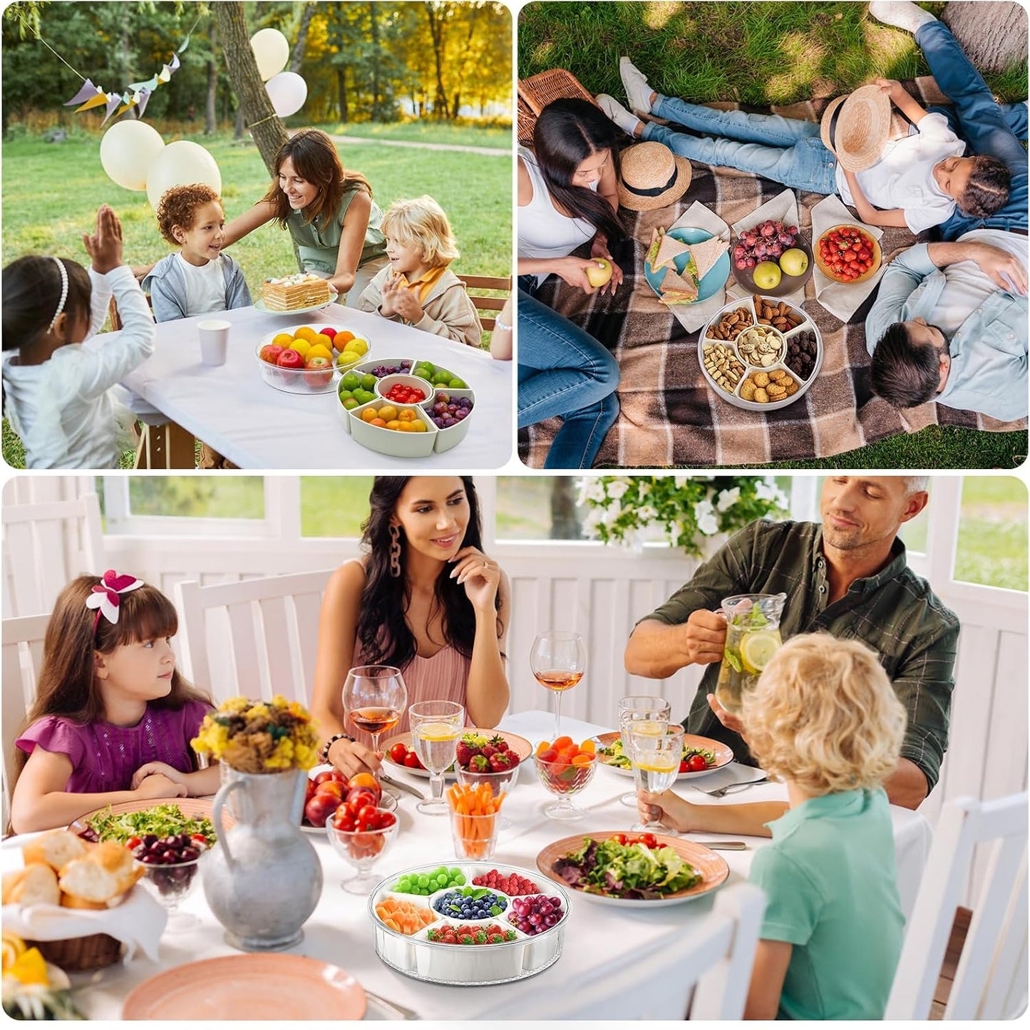 Snackle Box Container, 360° Rotating Divided Serving Tray with Lid and Handle, Portable Snackle Box Veggie Tray, Round Snack Box Container, Large Snacklebox Fruit Candy Organizer for Party Picnic
