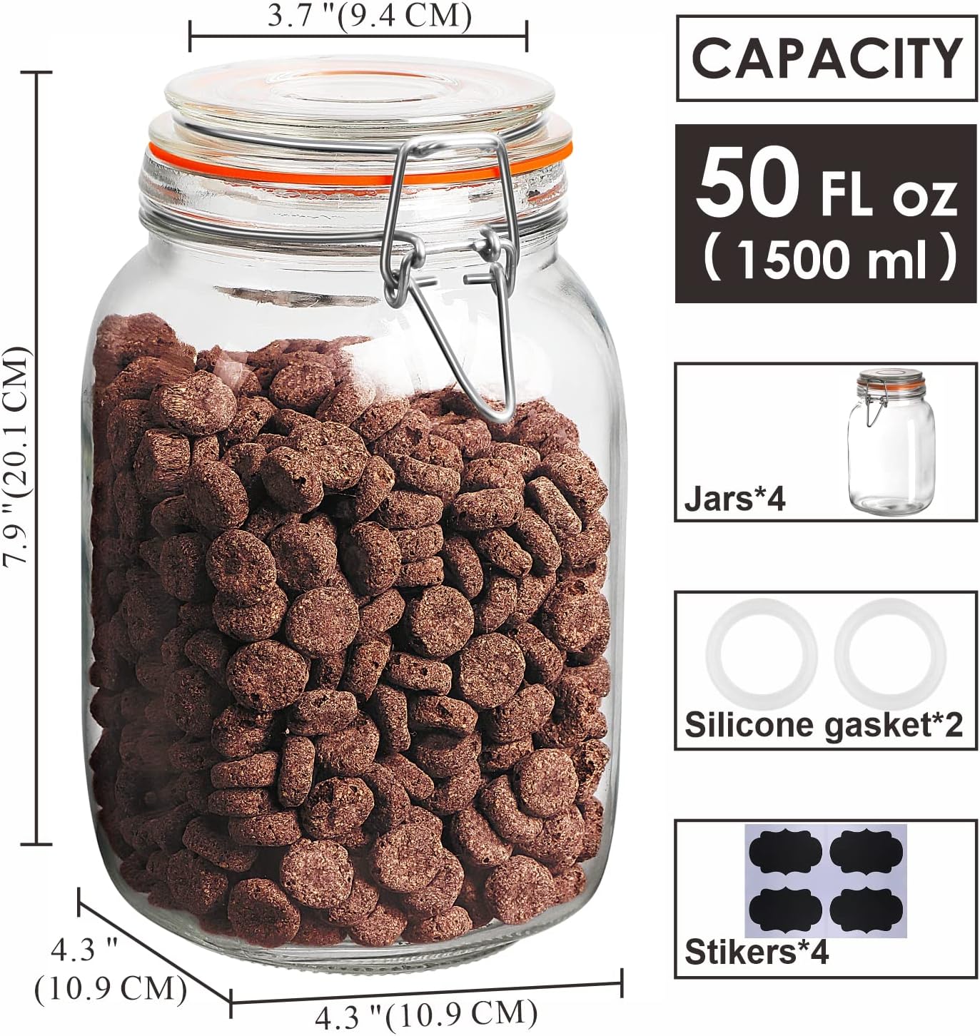 [UPGRADE] 2 Pack Square Super Wide Mouth Airtight Glass Storage Containers with Lids, 1.1 Gallon Glass Jars with 2 Measurement Marks, Canning Jars with Leak-proof Lid for Kitchen (Spare Gasket)