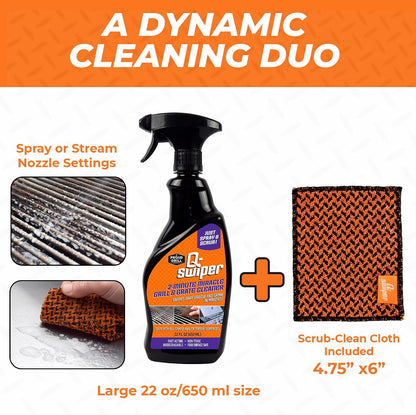 Proud Grill Company Q-Swiper 2-Minute Miracle Grill & Grate Cleaner with Scrub Clean Cloth - Father Day Gifts, Degreaser Spray for BBQ, Oven, Stove, Kitchen Tops & Surfaces, Grate & Grease Remover