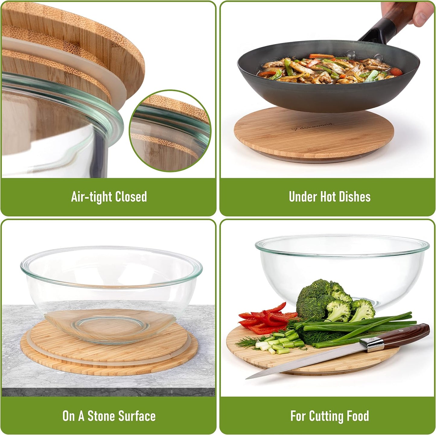 Set of 4 Stackable Space-Saving Nesting Glass Bowls with Airtight Acacia Lids for Lunch, Meal & Food Prep - Microwave & Oven-ready BPA Free Durable Heat Resistant Inert Borosilicate Glass