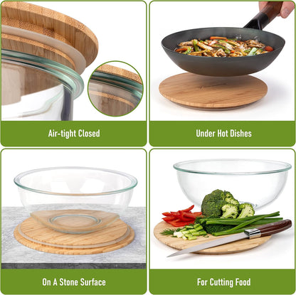 Set of 4 Stackable Space-Saving Nesting Glass Bowls with Airtight Acacia Lids for Lunch, Meal & Food Prep - Microwave & Oven-ready BPA Free Durable Heat Resistant Inert Borosilicate Glass