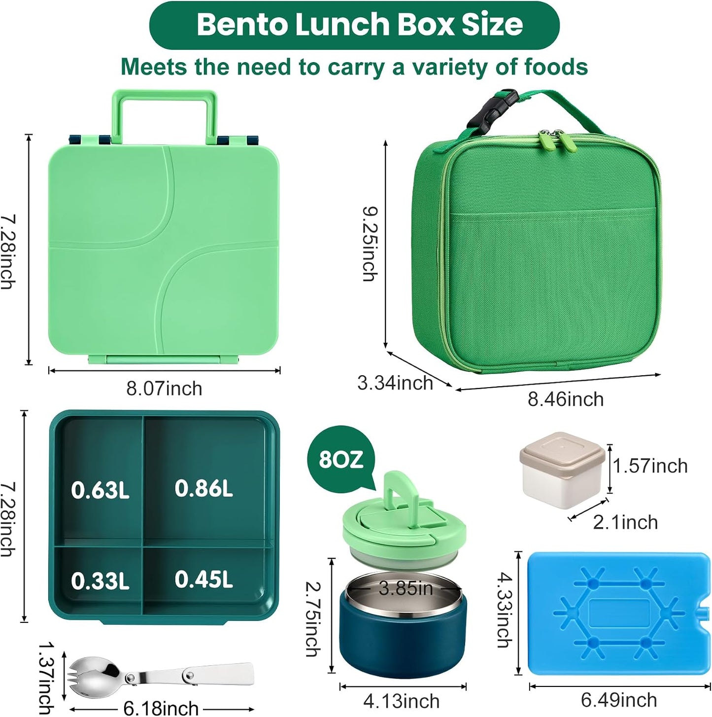 Bento Lunch Box with 8oz Soup Thermo,Kids Leakproof 4 Compartment Lunch Food Containers with Sauce Cup and Ice Pack,Kids Thermo Insulated Hot Food Jar and Lunch Bag for School,Trvael-Black