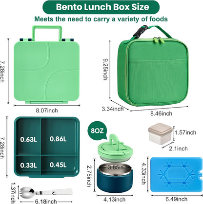 Bento Lunch Box with 8oz Soup Thermo,Kids Leakproof 4 Compartment Lunch Food Containers with Sauce Cup and Ice Pack,Kids Thermo Insulated Hot Food Jar and Lunch Bag for School,Trvael-Black