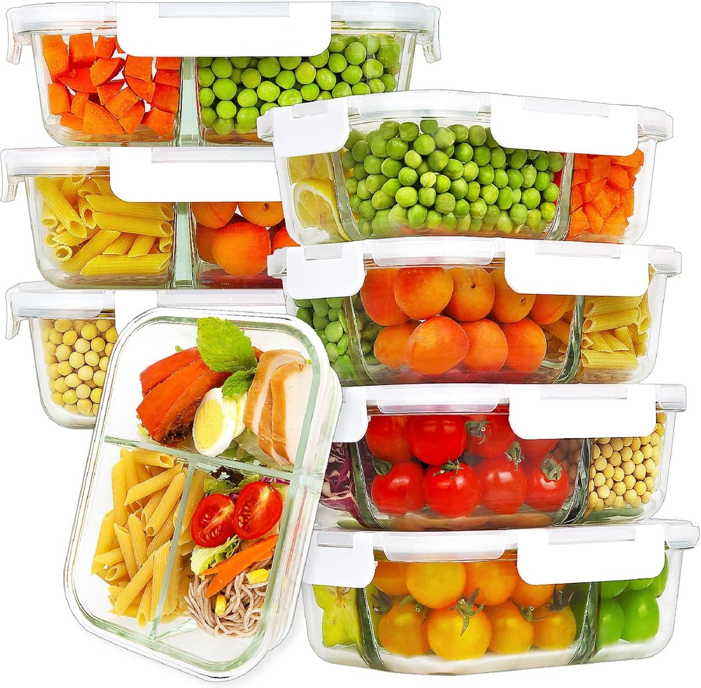 HOMBERKING 8 Pack Glass Meal Prep Containers 3 Compartment, 36oz Glass Food Storage Containers with Lids, Airtight Glass Lunch Bento Boxes, BPA-Free & Leak Proof (8 lids & 8 Containers) - Blue