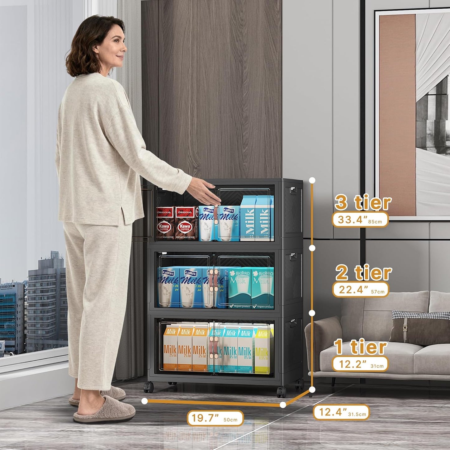 UAMFURI 720QT Stackable Storage Bins with Lids, Extra Large Storage Cabinet with Doors and Wheels, Collapsible Plastic Storage Box for Bedroom Dorm Office Garage