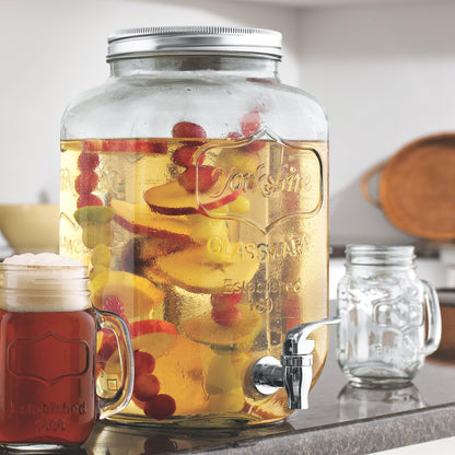 Circleware Sun Tea Mini Mason Jar Glass Beverage Dispenser with Lid, Glassware For Water, Juice, Beer, Wine, Liquor, Kombucha Iced Punch & Cold Drinks, Classic Yorkshire 1 Gallon with Stand
