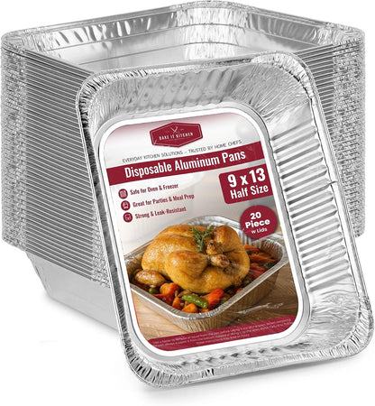 Rectangular Disposable Aluminum Pans with Clear Lids - (25 Pack/Lids), Durable Roasting Pan, Cookware, Baking, Meal Prep, Food Leftovers, Steam Table Tray, BBQ Safe & Spill Free