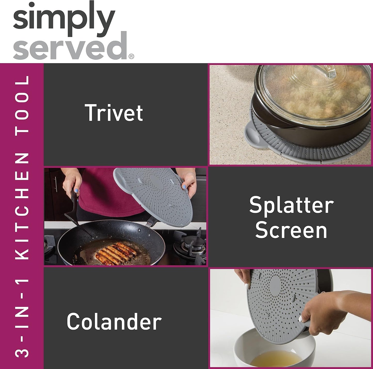 Silicone Splatter Screen, Multi-Use Kitchen Tool, Protect Stovetop and Counters, 3-in-1 Silicone Kitchen Trivet, Splatter Screen, and Colander Lid, Gray