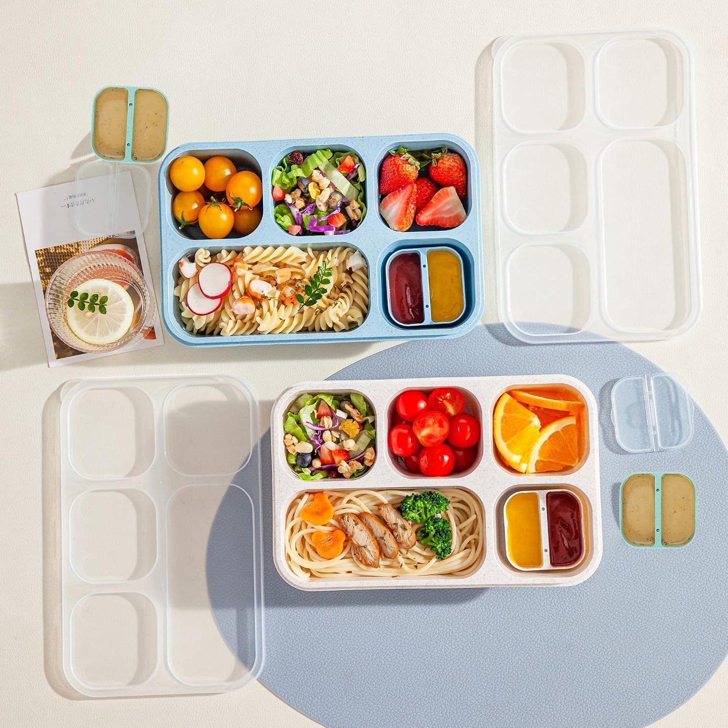 Bento Box Adult, 4 Pack 5 Compartments Meal Prep Container Reusable Food Storage Lunchable Containers with Sauce Containers, Snack Boxes For Adults Bento Box For Kids