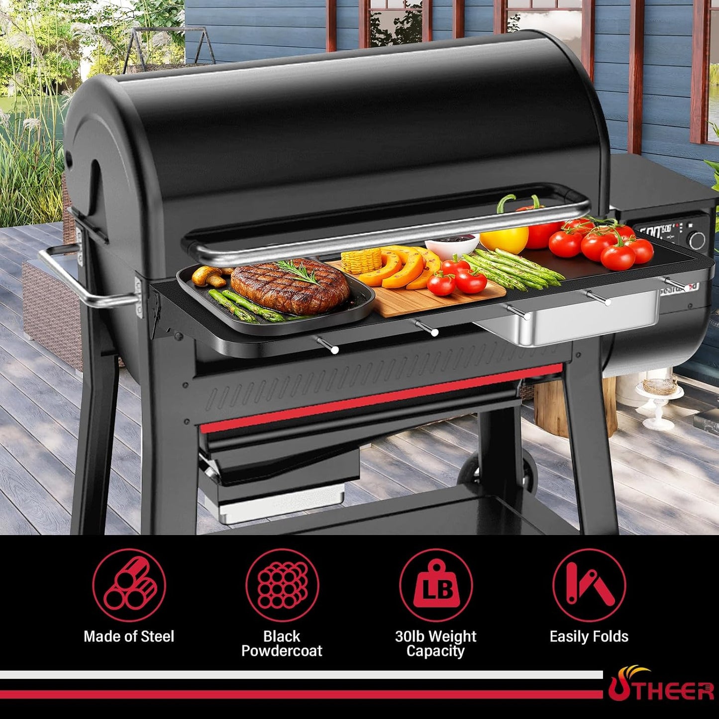 Upgraded Grill Table for Weber Kettle 22"/18"/26", Master Touch 22", Smokey Mountain, Recteq Pellet Grill RT-B380, Prep Station with Cutting Board, Basin, 4 Hooks, Shelf for Weber Kettle Accessories