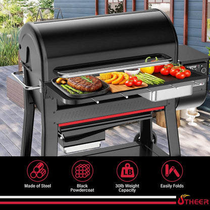 Upgraded Grill Table for Weber Kettle 22"/18"/26", Master Touch 22", Smokey Mountain, Recteq Pellet Grill RT-B380, Prep Station with Cutting Board, Basin, 4 Hooks, Shelf for Weber Kettle Accessories