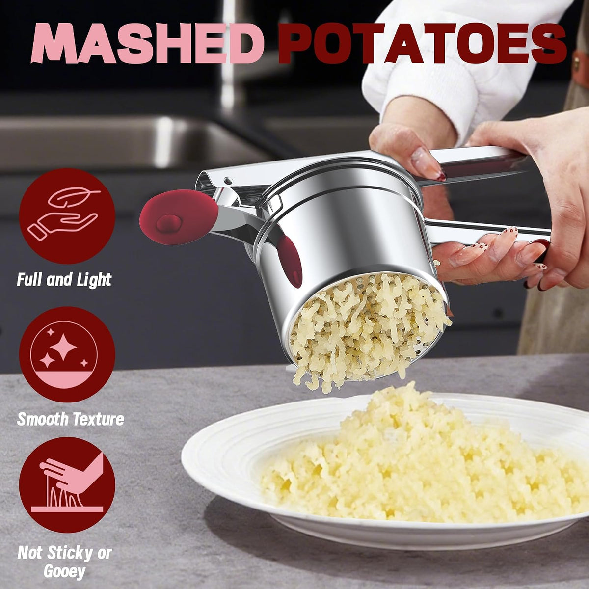 Large 15oz Potato Ricer for Mashed Potatoes, Heavy Duty 18/8 Stainless Steel Potato Masher for Baby Food & Spaetzle Maker, Masher and Ricer Kitchen Tool, Press and Mash Kitchen Gadget, Black