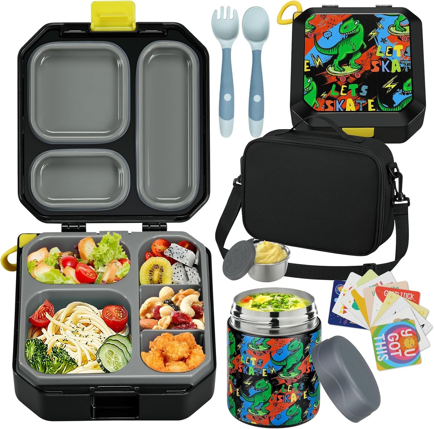 wiwens Bento Lunch Box for Kids with 12oz Soup Thermo Leak-Proof Lunch Food Container with 5 Compartment Thermo Hot Food Jar and Insulated Lunch Bag for Kid Toddler Girls Boys to School