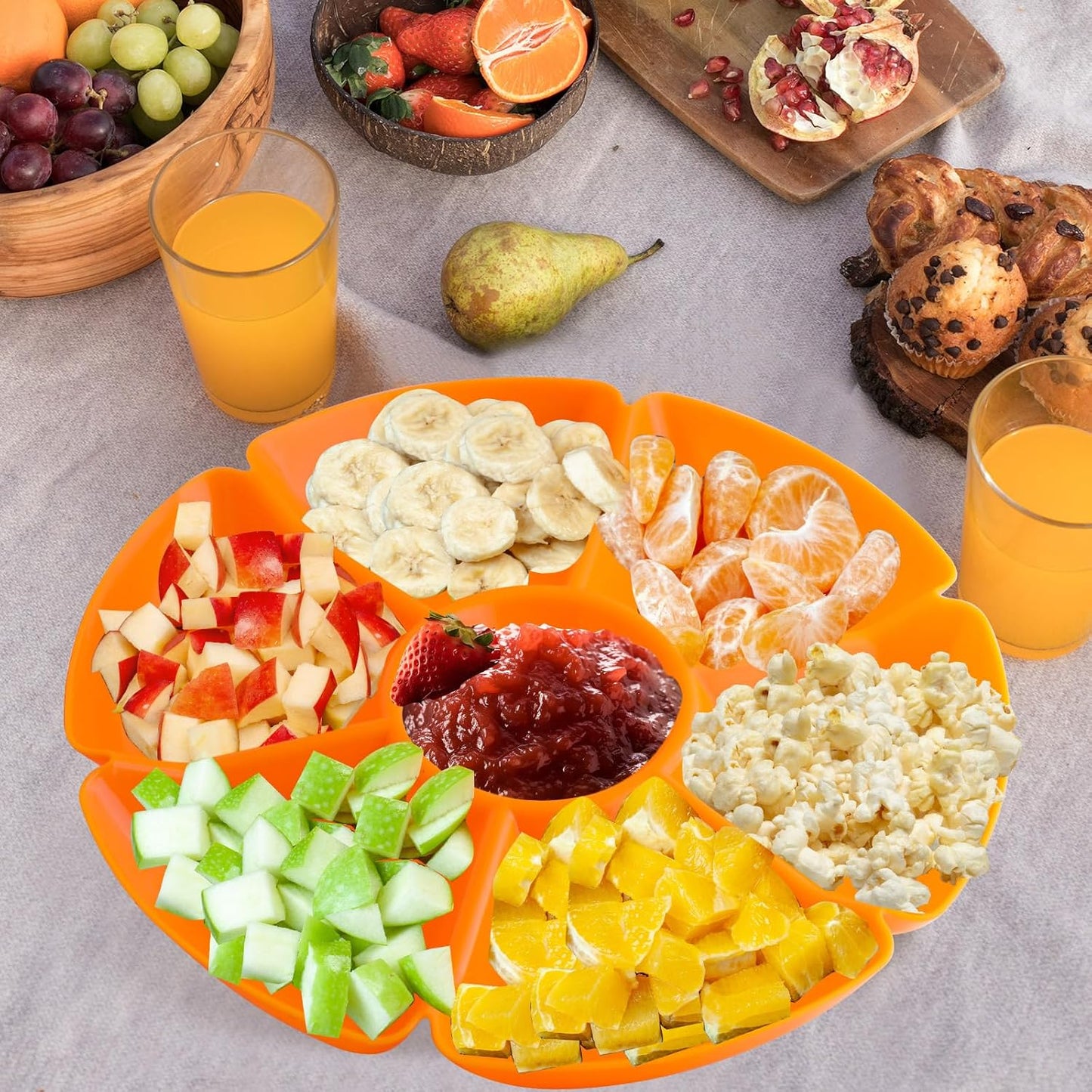3 Pcs Sectional Round Plastic Serving Tray Platters 11inch Unbreakable Chip and Dip Divided Serving Plates,Round 7 Compartments Multifunctional Food Platter for Snack,Nuts,Candy,Dried Fruit,Veggies