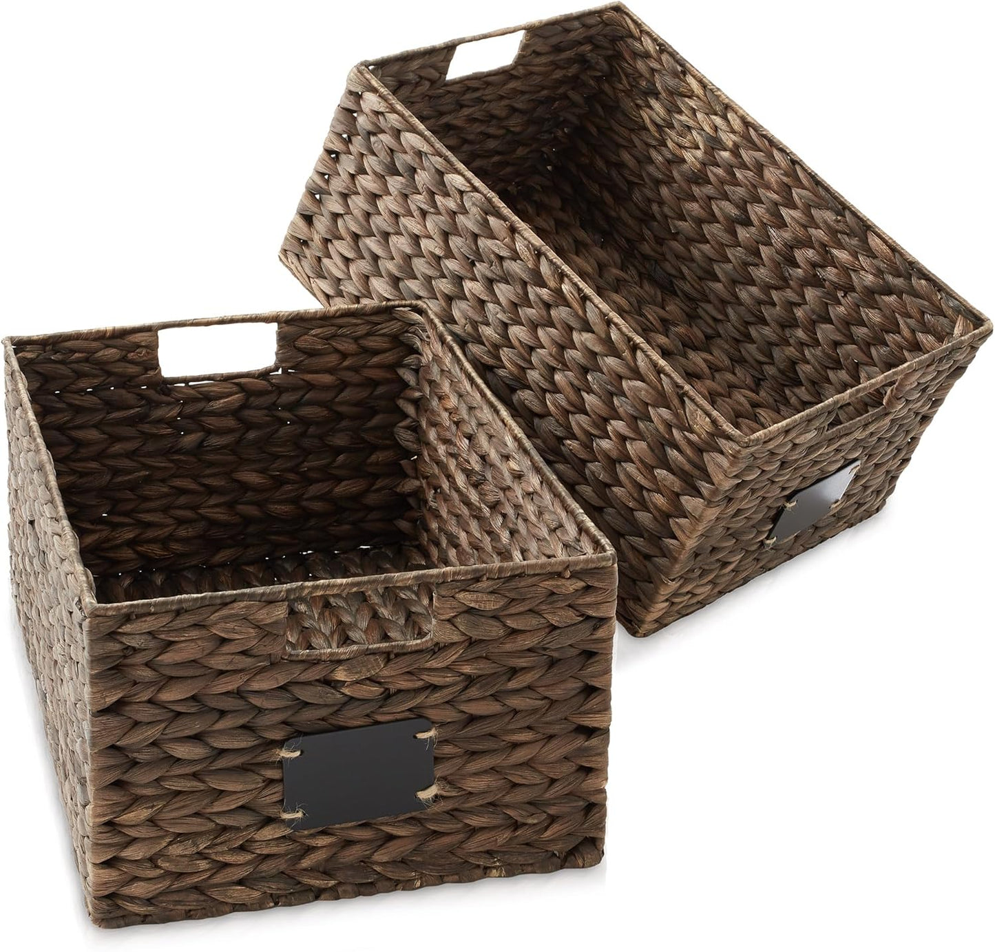 Casafield Set of 4 Water Hyacinth Pantry Baskets, 10" x 13" x 5", with Chalkboard Labels and Chalk Marker - Natural, Woven Storage Bin Organizers for Kitchen Shelves