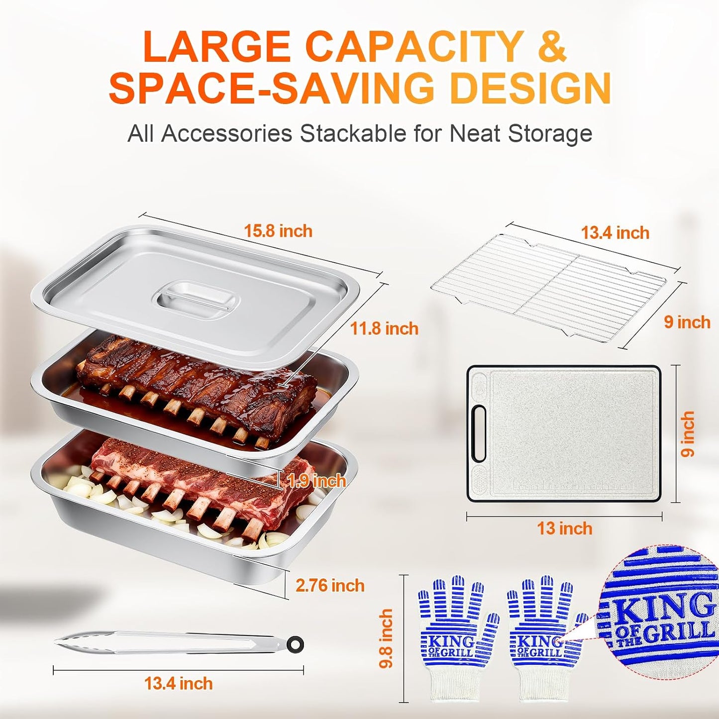 7-Piece Grill Prep and Carry System,Stainless Steel BBQ Marinating Container with Lid,Cutting Board Wire Rack Tongs & Heat Resistant Gloves,Stackable Food Tray Accessories for Outdoor &Camping Cooking