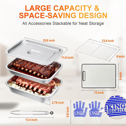 7-Piece Grill Prep and Carry System,Stainless Steel BBQ Marinating Container with Lid,Cutting Board Wire Rack Tongs & Heat Resistant Gloves,Stackable Food Tray Accessories for Outdoor &Camping Cooking