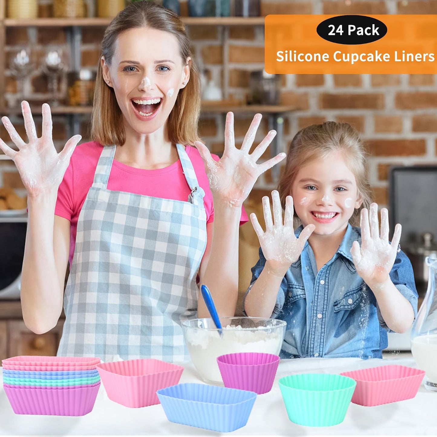 24 pcs Silicone Cupcake Baking Cups Dulinkas Reusable Cupcake Liners Non-Stick Baking Muffin Liners Mold Pastry Cake Molds 3 Shapes Multicolor for Lunch Box Dividers
