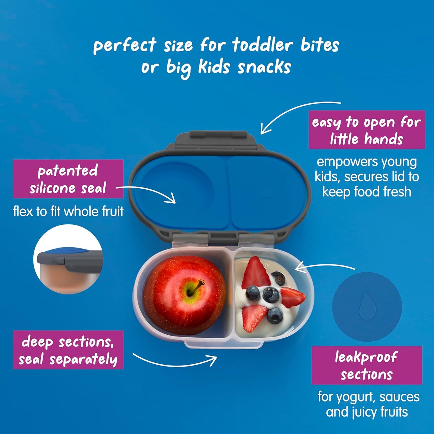 b.box Snack Box 2-Pack - Leak Proof Mini Bento Box for Kids & Toddlers, 2 Compartment Snack Containers for Kids, Dishwasher Safe, BPA-Free, PFAS-Free, Ages 4mo+, 1 3/4 Cup Each (Strawberry + Lilac)