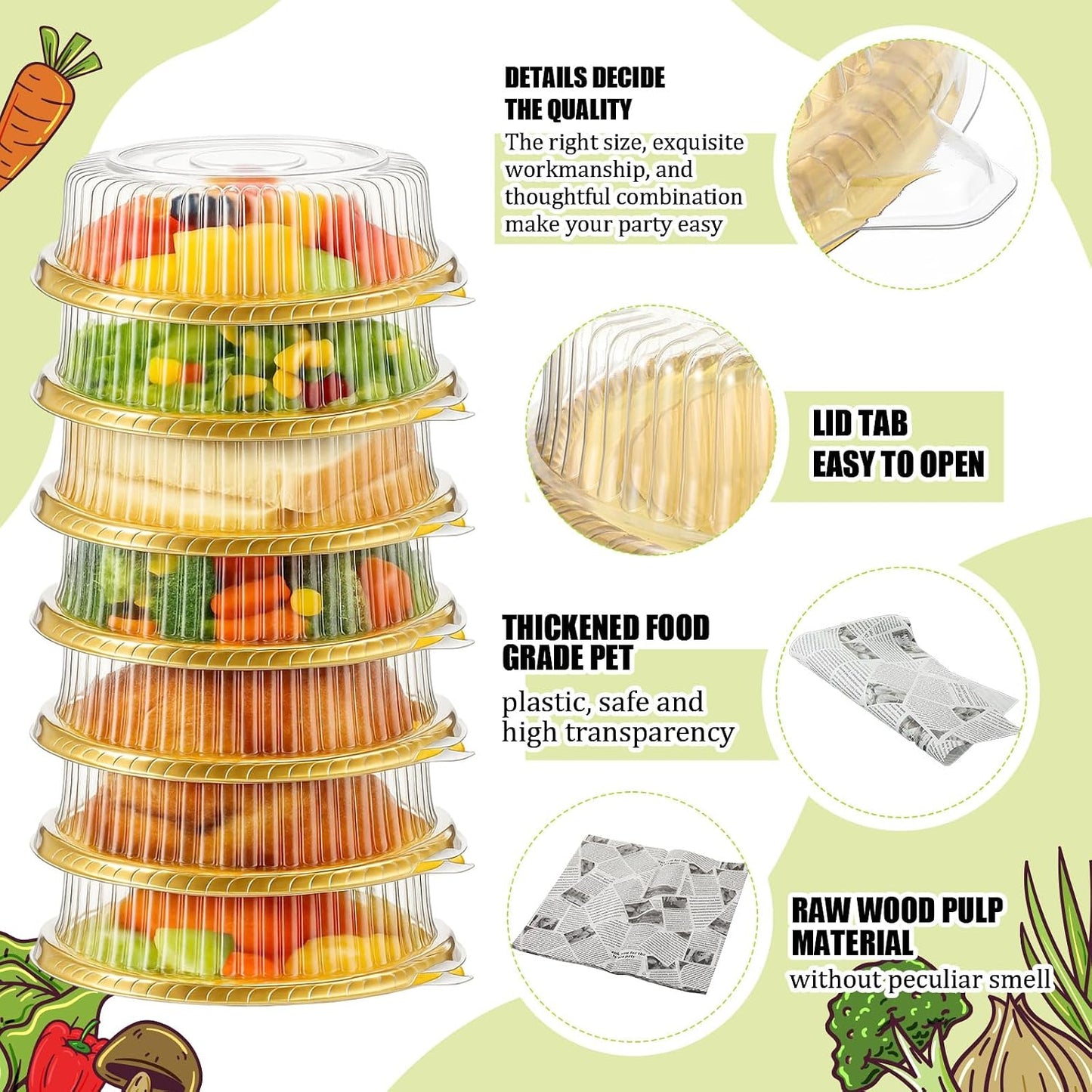 Tessco for you 12 Pack Heavy Duty Repeatedly Plastic Serving Tray with Lid and 24 Pcs Deli Wax Paper Sheets Sets Large Party Platters with Clear Lids Stackable Round Food Serving Trays (Black,16inch)