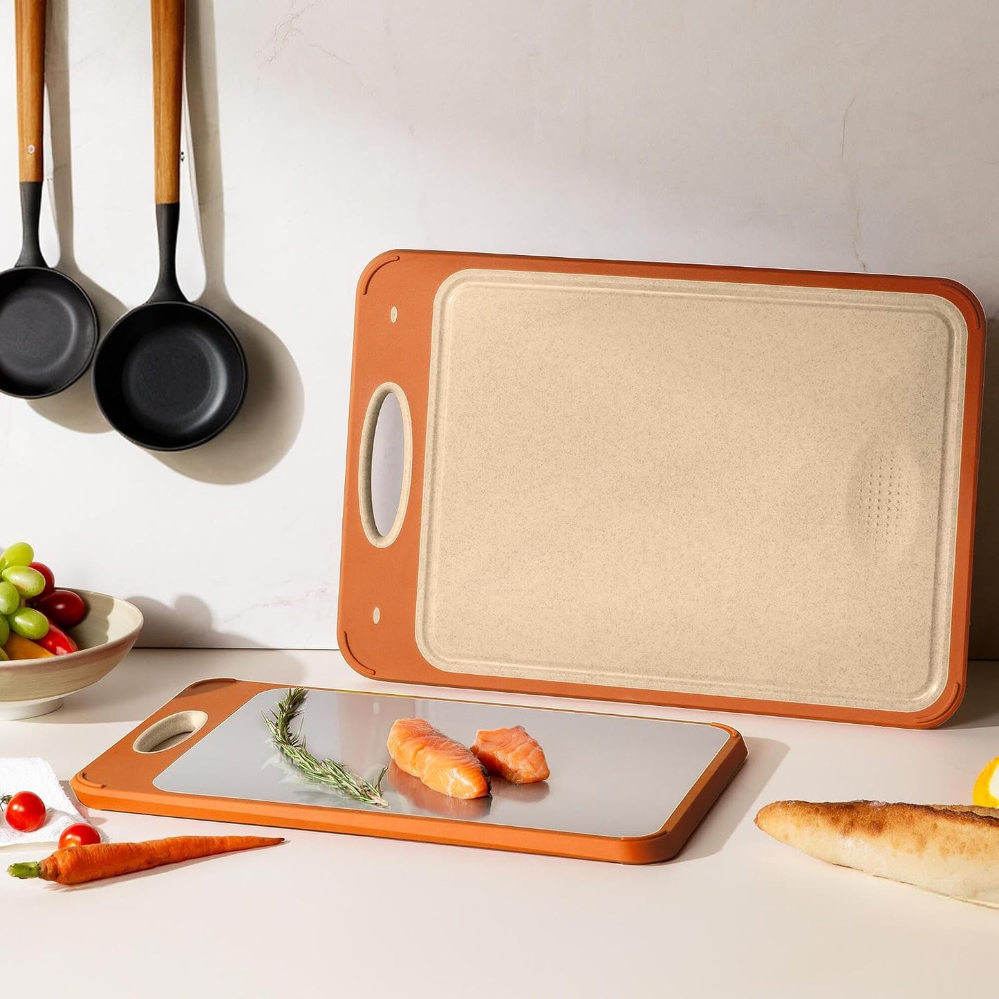 2 Packs Stainless Steel Cutting Board Set, Best Non Toxic Cutting Boards for Kitchen, Double Sided Metal Chopping Board for Meat/Fruit/Vegetables, Food Grade Kitchen Set Gift, [16”×11”+18”×12” Inch]