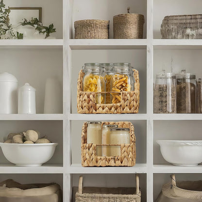 Casafield Set of 2 Water Hyacinth Pantry Baskets with Handles - Espresso, Woven Storage Bin Organizers for Kitchen Shelves, Medium and Large Sizes