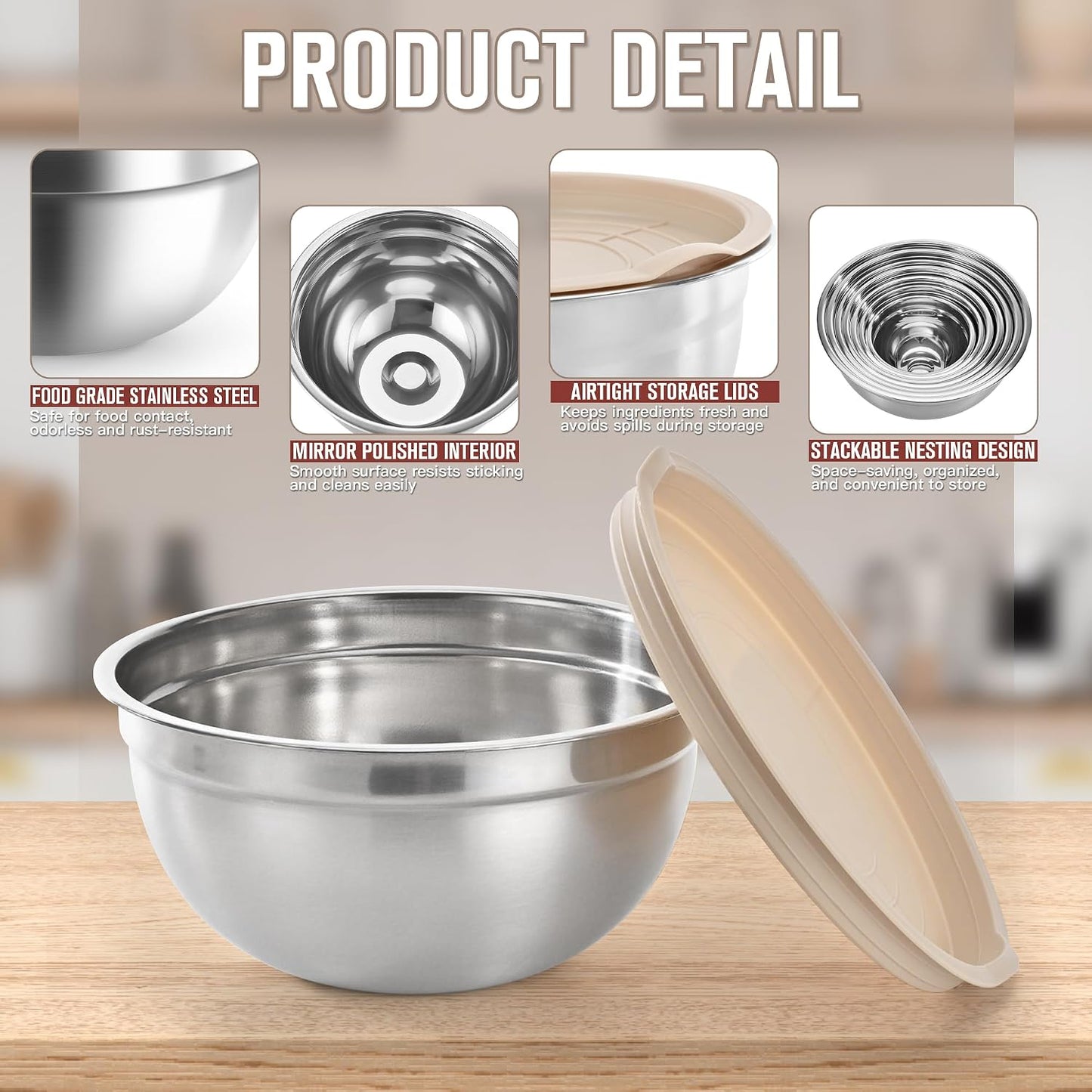 31PCS Mixing Bowls with Lids Set, 5.5QT to 0.6QT Stainless Steel Nesting Bowls with Graters, Large Khaki Bowls & 21 Measuring Cups and Spoons Set Kitchen Appliances for Mixing, Baking, Food Storage