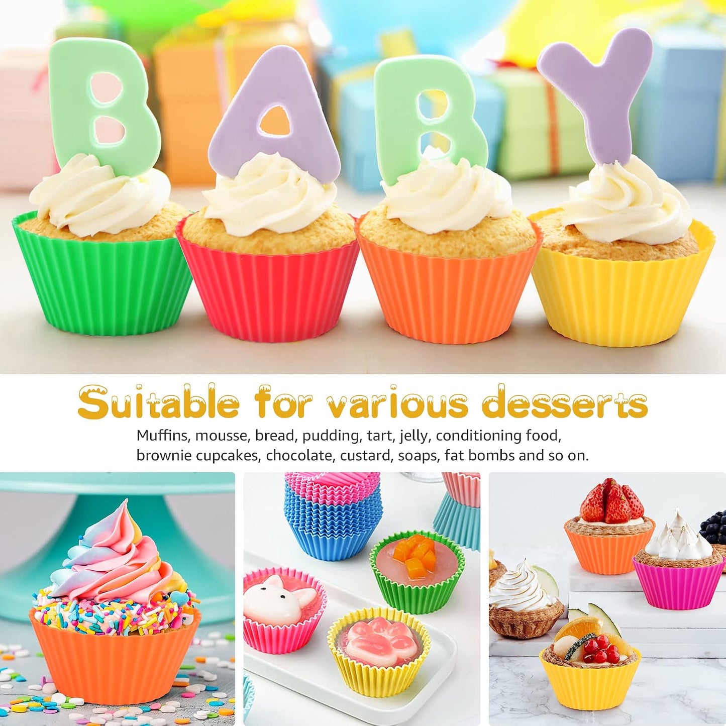 Silicone Cupcake Liners, Set of 36 Muffin Baking Cups, Nonstick Silicone Muffin Liners, Reusable No Stick Silicone Cupcake Molds, 2.75” Silicone Cupcake Baking Cups, mini Multicolored Bulk Pack