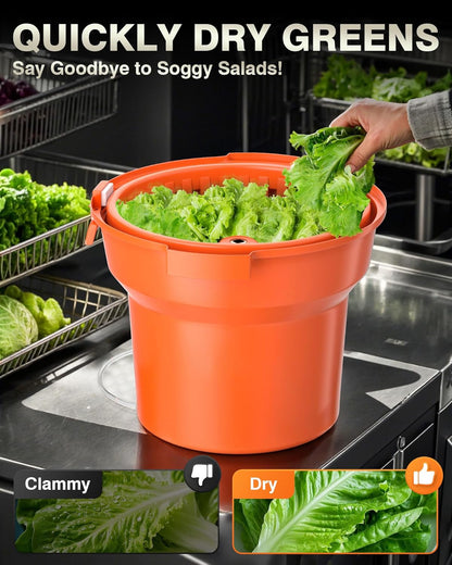 WantJoin Commercial Salad Spinner - [6 Gallon Salad Dryer] w/Silicone [Anti-slip Mat] & [Draining Hose], 24Qt Manual Salad Spinner for up to 7 Heads of Lettuce Spinner Large for Catering, Orange