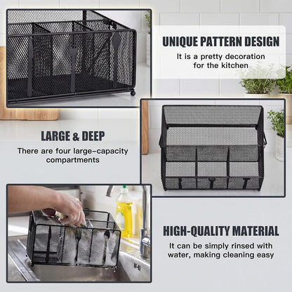 Utensil Caddy for Party, Utensil Organizer Silverware Caddy, 4 Compartment Metal Cutlery Organizer, Fork Spoon Napkin Plate Basket for Kitchen Countertop Buffet Outdoor BBQ Camping Picnic