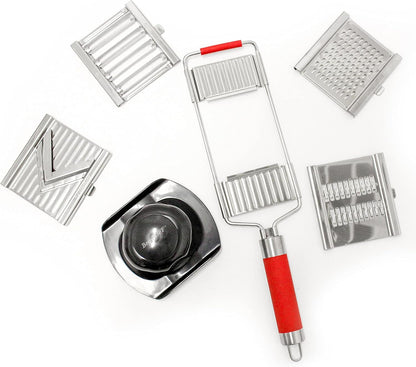 BergHOFF 6Pc Stainless Steel Multi-Slicer Pro/Mandoline 4 Interchangeable Sharp Blades with Safe Guard Hand Protector Lightweight, Silver and Red