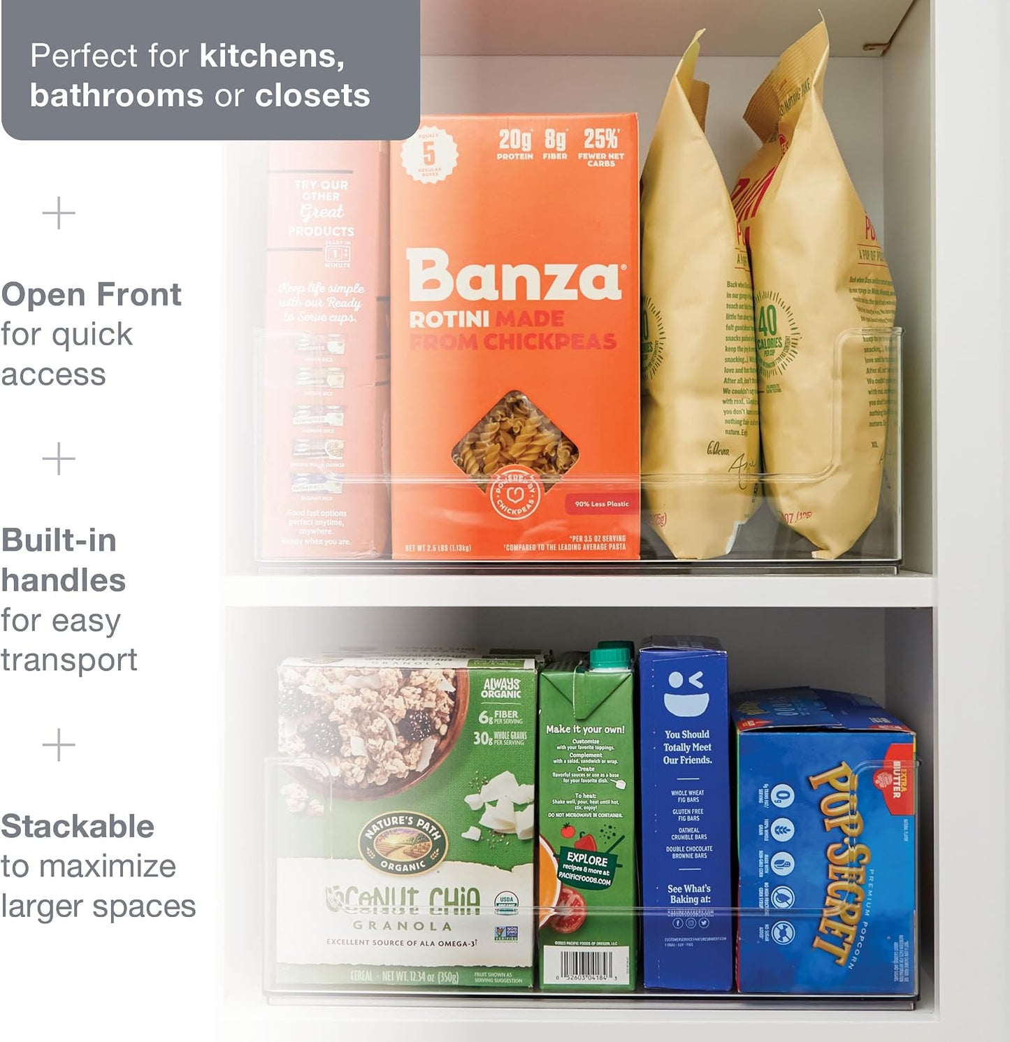 Open Front Pantry Cabinet Stacking Storage Home Bin 16x10x6 4 Pack | Stackable Strong,Heavy Duty, Made in USA