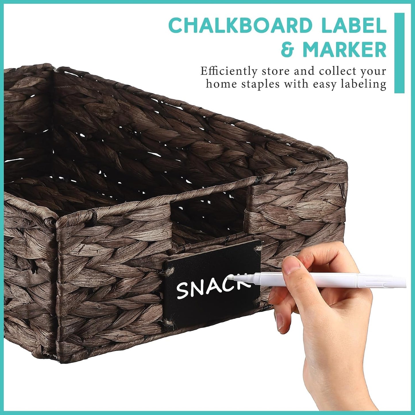 Nitial 8 Pcs Wicker Storage Basket, Rectangular Water Hyacinth Storage Basket for Shelving, Foldable Woven Pantry Organizer with Chalkboard Label and Chalk Marker (Natural,12 x 9 x 5 Inch)