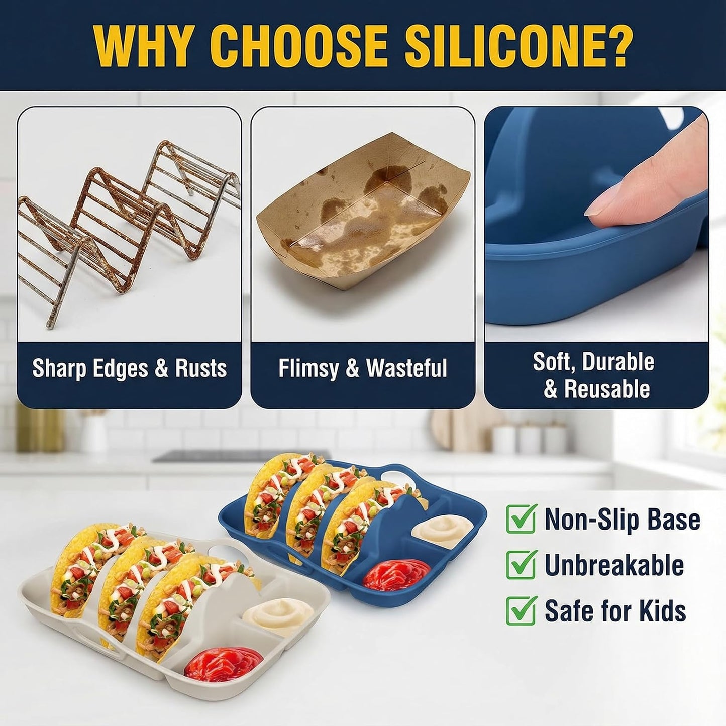 Classic White & Navy Silicone Taco Holder Set of 2, with Dip Bowls & Dividers, Elegant Non-Slip Serving Plates for Hard/Soft Tacos, Dishwasher & Microwave Safe Party Essential