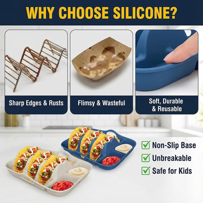 Classic White & Navy Silicone Taco Holder Set of 2, with Dip Bowls & Dividers, Elegant Non-Slip Serving Plates for Hard/Soft Tacos, Dishwasher & Microwave Safe Party Essential