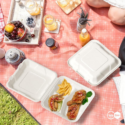 Turbo Bee 100 Pack 8x8inch White 3 Compartment Take Out Containers with Lids, Disposable Clamshell Meal Prep Containers, Divided Lunch Boxes for Catering, Restaurant & Meal Prep