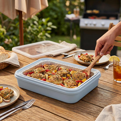 9x13 Pan Carrier with Aluminum Foil Pan – Insulated Food Carrier for Casseroles, Lasagna & Hot/Cold Dishes, Decorative Tabletop Serving Container with Lid for Parties, BBQ, Catering, Travel & Potlucks
