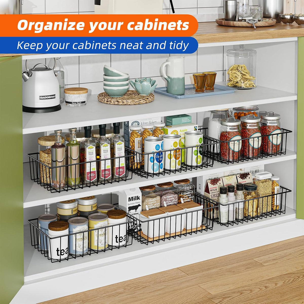Simple Trending 6 Pack Large Wire Baskets for Organization, Metal Pantry Storage Baskets for Cabinet, Kitchen, Garage, Bathroom, Black
