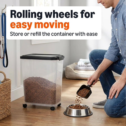 Amazon Basics Pet Food Storage Container with Rolling Wheels, BPA-Free, Detachable Scoop, 50lbs Capacity