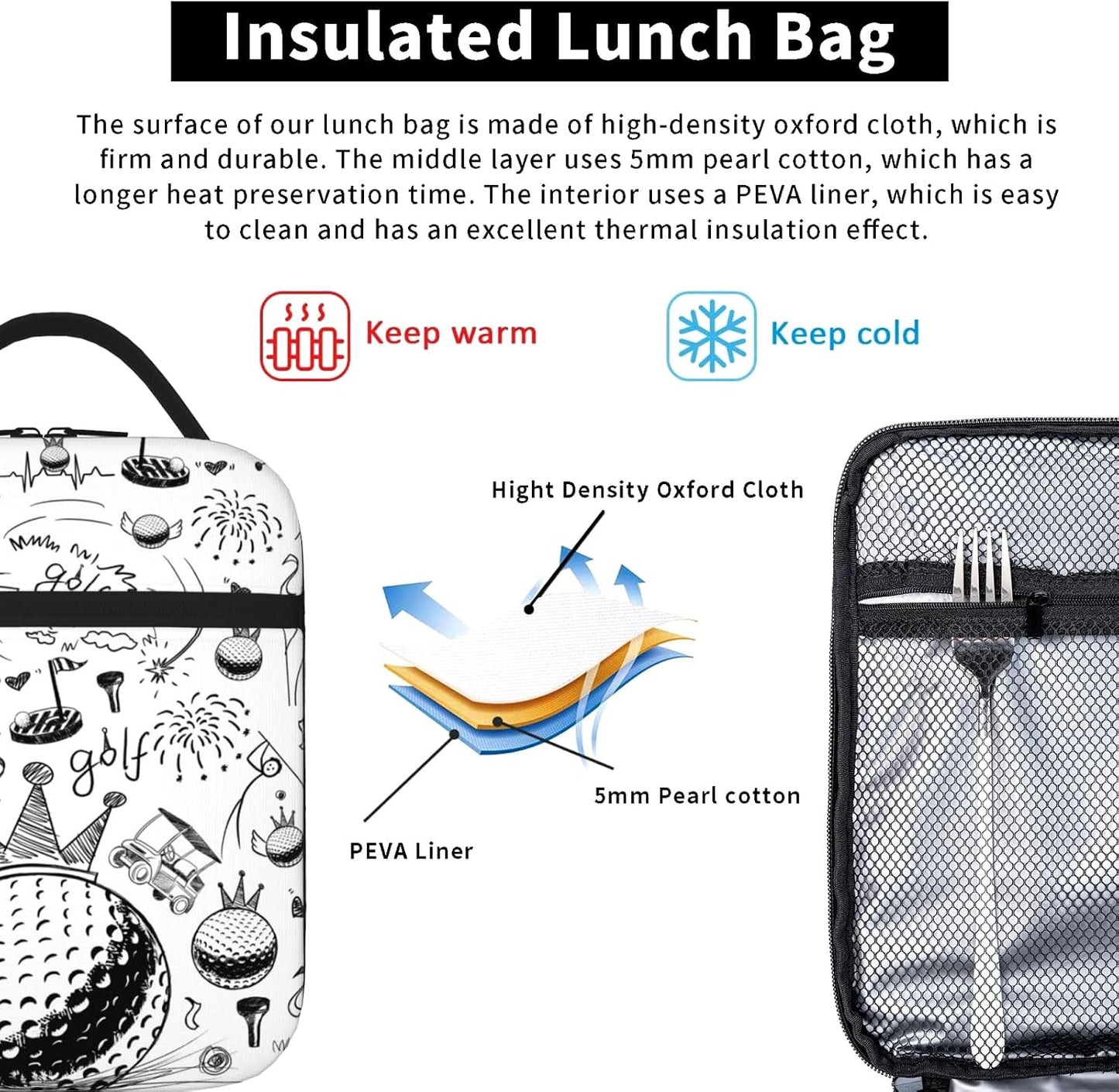 Golf Lunch Box Portable Insulated Cooler Lunch Bags Multicolor Cartoon Lunch Bag For Women Men Kids Boys Girls School Work Office Travel Picnic Gifts