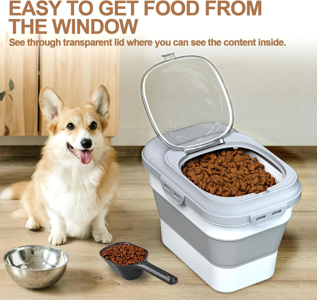TIOVERY Dog Food Storage Container, 10lb to 13lb Collapsible Dog Cat Food Containers with Airtight Clear Flip-top and Pet Food Scoop, Pet Food Storage Container Bin for Dog Cat Bird Other Pets (Green)